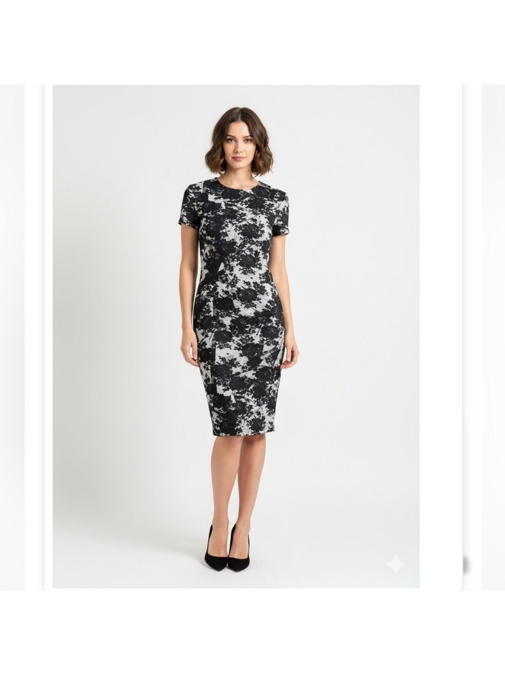 McQ Alexander McQueen Black and White Floral Print Knit  Bodycon Dress Sz Small